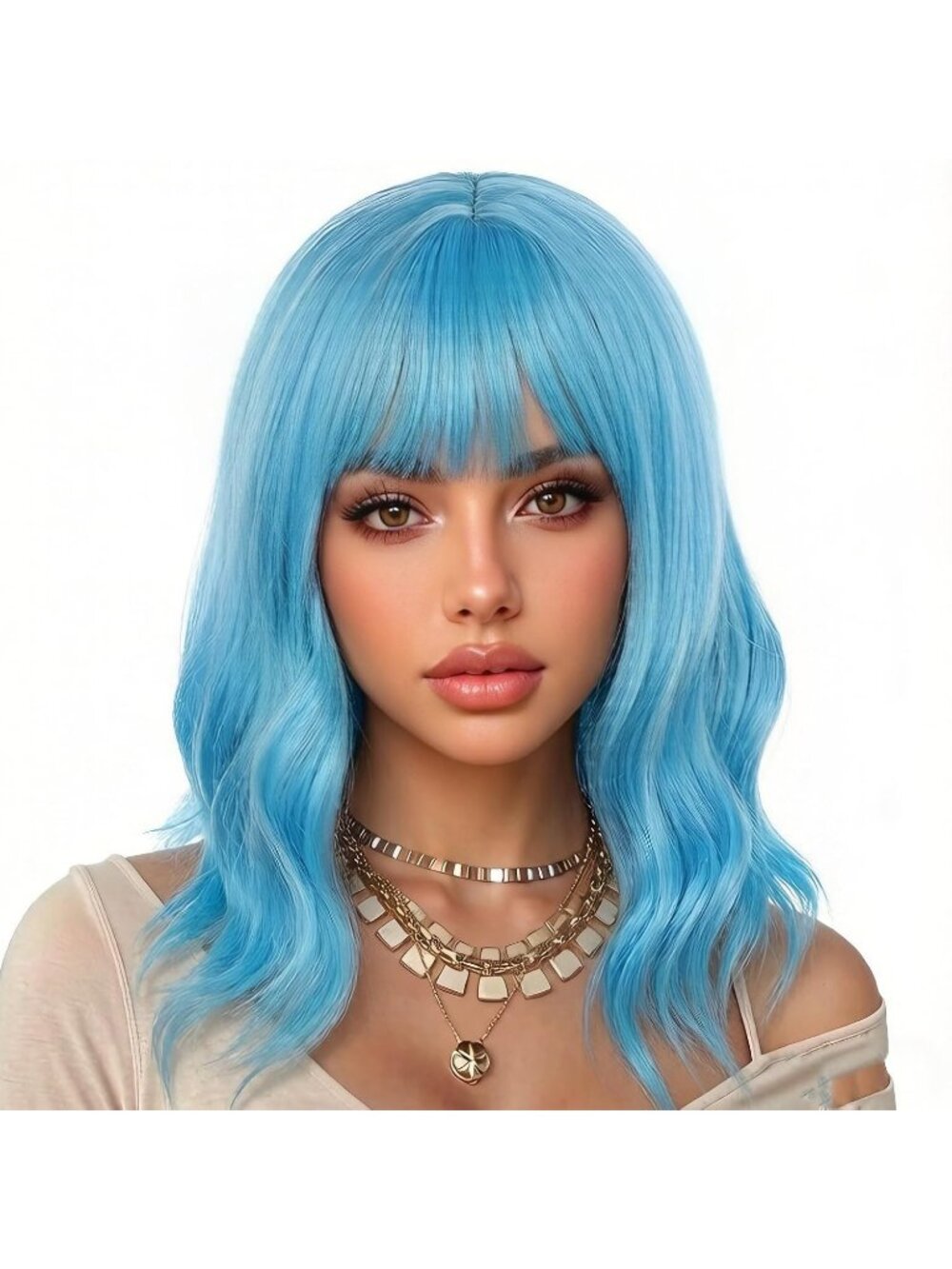 Women's Blue Classic 14 Inch Natural Synthetic Short Wavy Curly Bob Wigs